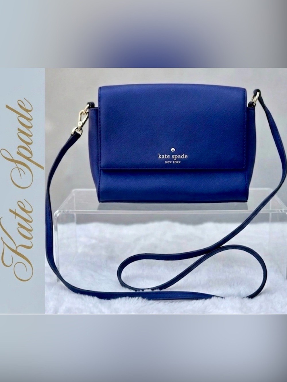Kate Spade Navy Blue Saffiano Leather Crossbody Purse Bag Flap